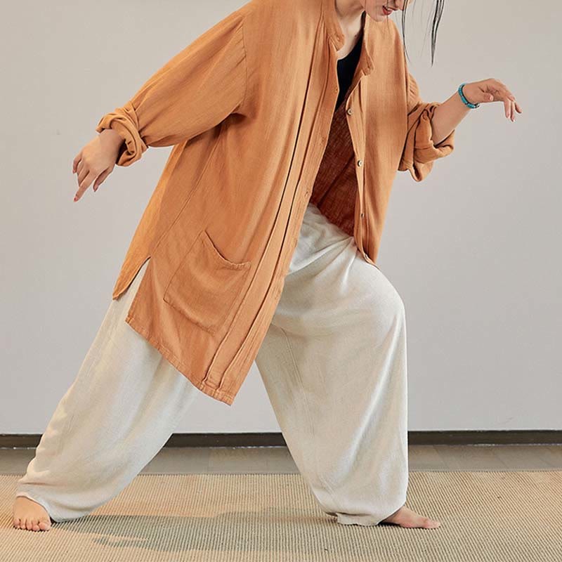Plain Long Sleeve Coat Jacket Top Wide Leg Pants Zen Tai Chi Yoga Meditation Clothing