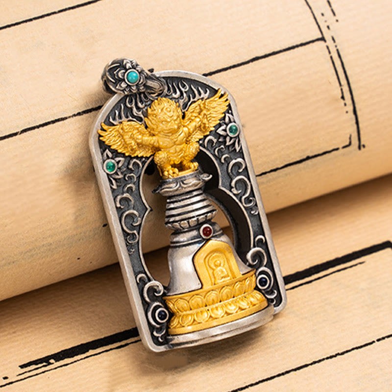 925 Sterling Silver Tibetan Garuda Bird Vajra Dorje Bell Protection Necklace Pendant