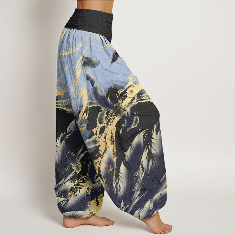 Casual Floating Feathers Sky Pattern Women's Elastic Waist Harem Pants