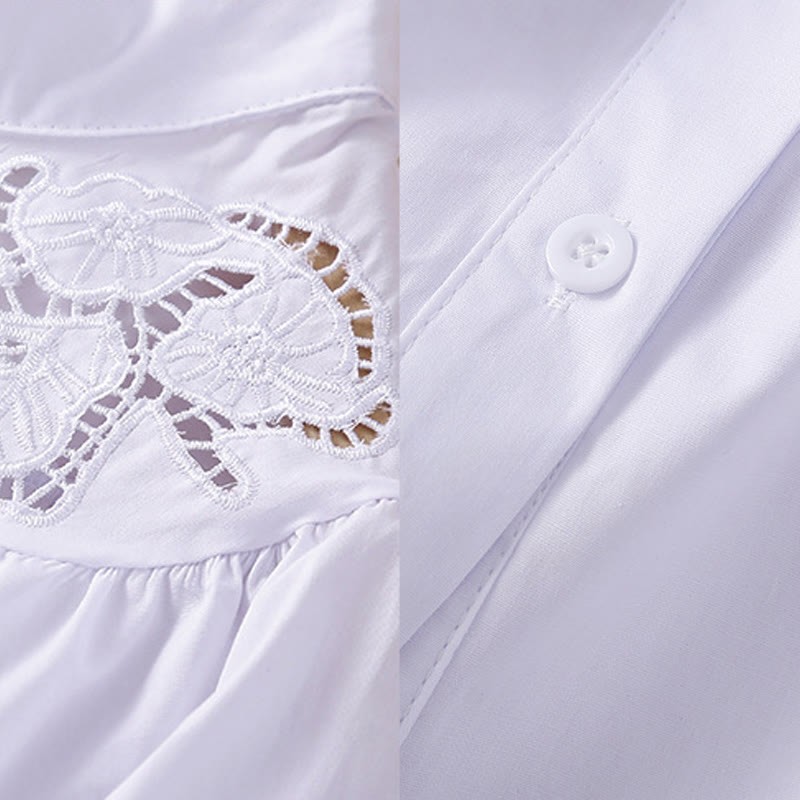 Casual Embroidery Flower Hole Design Three Quarter Sleeve Cotton Linen Women's Shirt