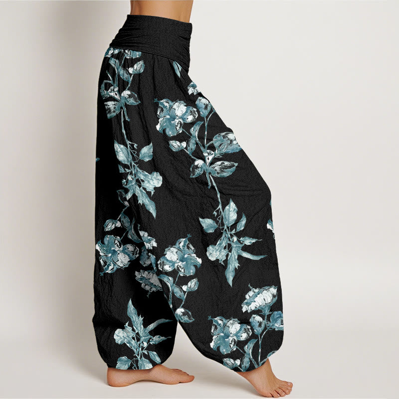Rose Flowers Pattern Women's Elastic Waist Harem Pants