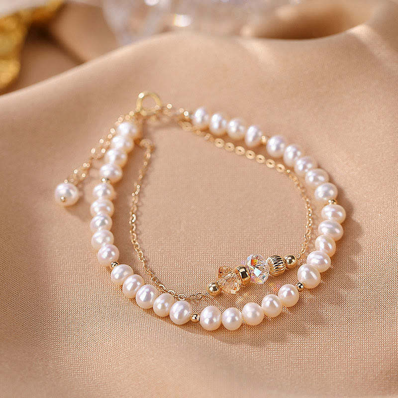 925 Sterling Silver 14K Gold Plated Natural Pearl Crystal Healing Double Layer Bracelet