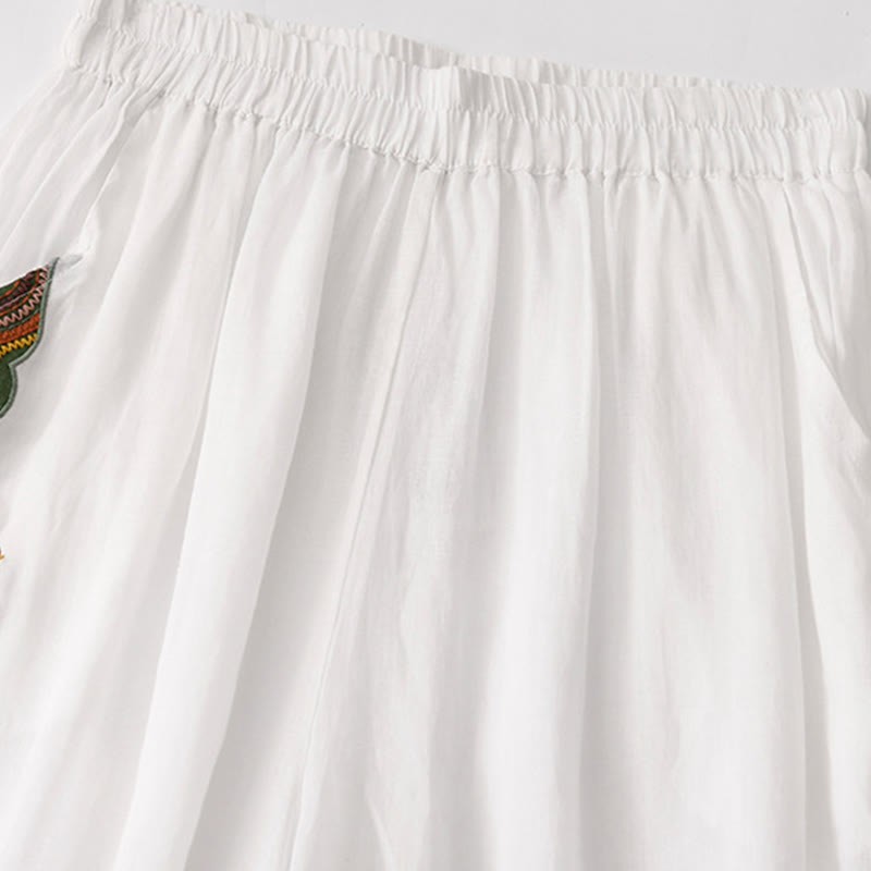 Summer Embroidery Double Layer Cotton Linen Women's Wide Leg Pants With Pockets