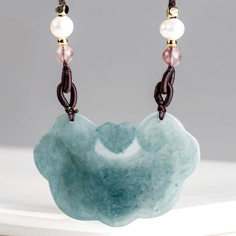 Natural Jade Peony Flower Lock of Good Wishes Prosperity Necklace Pendant