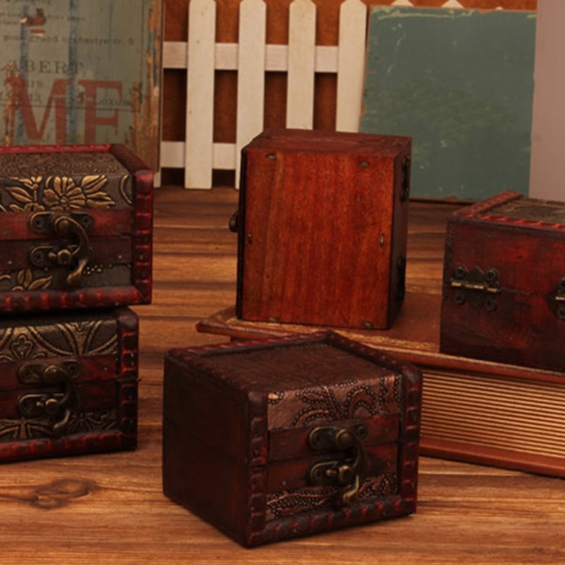 Retro Small Square Wood Jewelry Box Lotus Grass Flower Grape Copper Coin Daffodil Jewelry Storage Box
