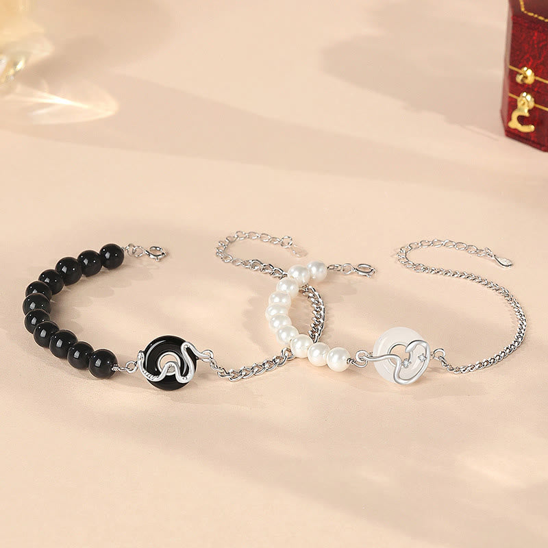Black Obsidian Black Onyx Chalcedony Peace Buckle 925 Sterling Silver Year Of The Snake Pearl Purification Couple's Bracelet