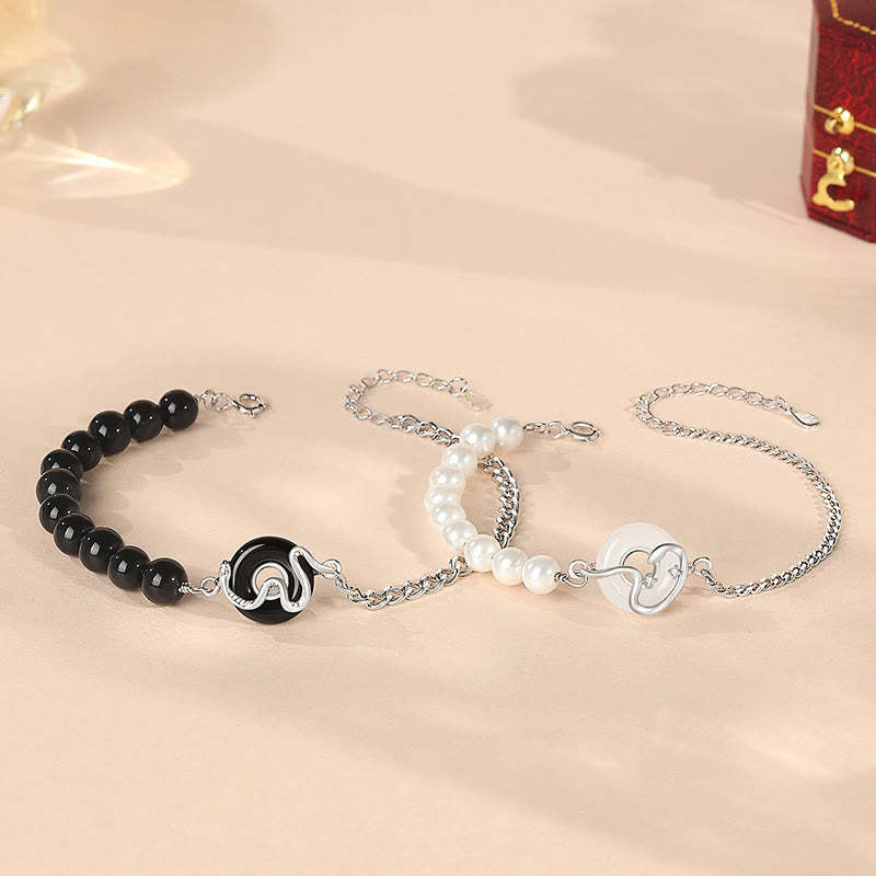 Black Obsidian Black Onyx Chalcedony Peace Buckle 925 Sterling Silver Year Of The Snake Pearl Purification Couple's Bracelet