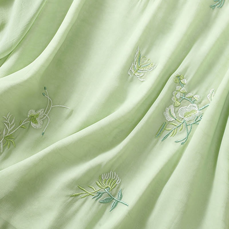 Embroidery Plants Flower Half Sleeve Plain Frog-Button Stand Collar Women's Shirt