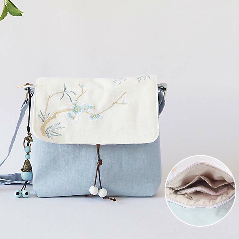 Handmade Embroidered Plum Flowers Canvas Crossbody Bag Shoulder Bag Handbag