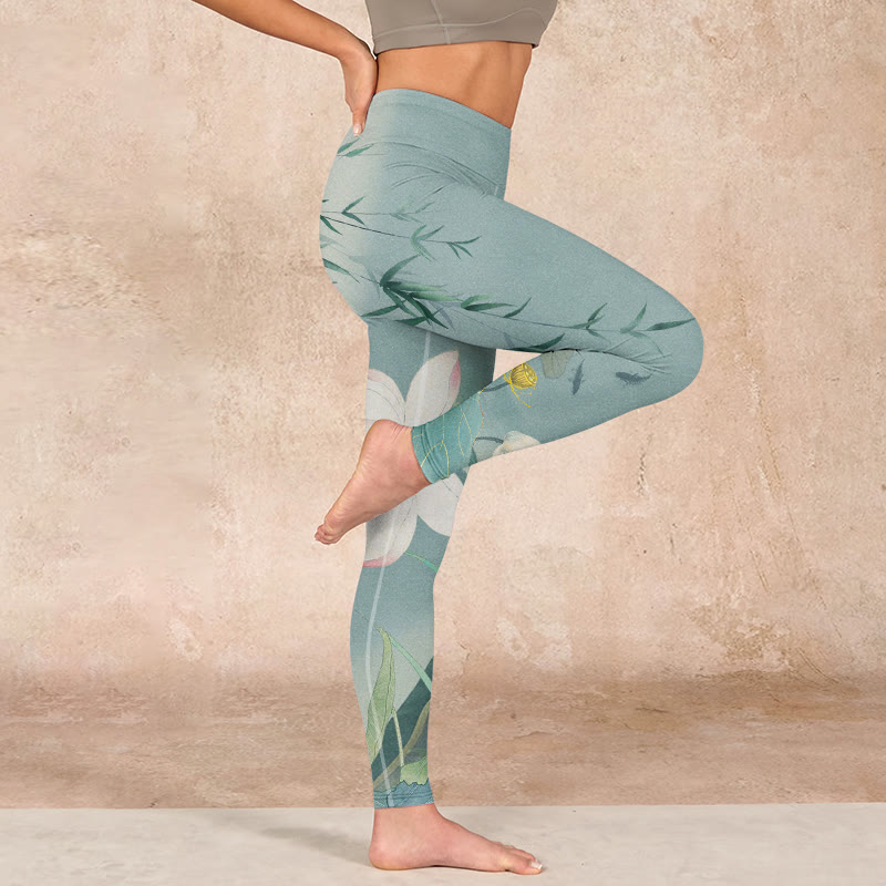 Lotus Leaf Bird Print Gym Leggings Women's Yoga Pants