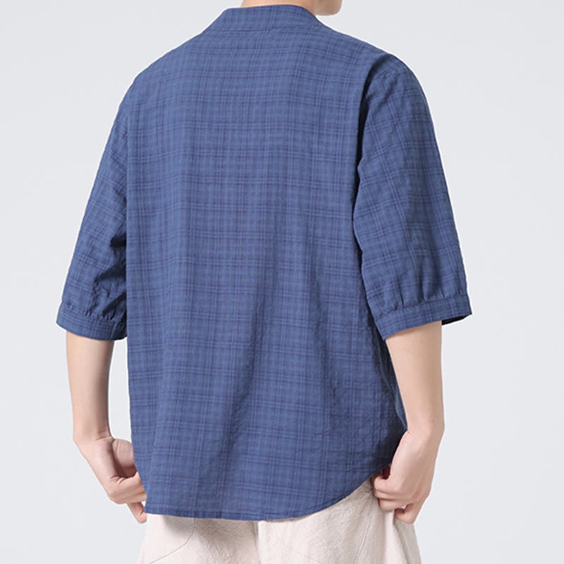 Frog-Button Plaid Pattern Chinese Tang Suit Half Sleeve Shirt Cotton Linen Men Clothing