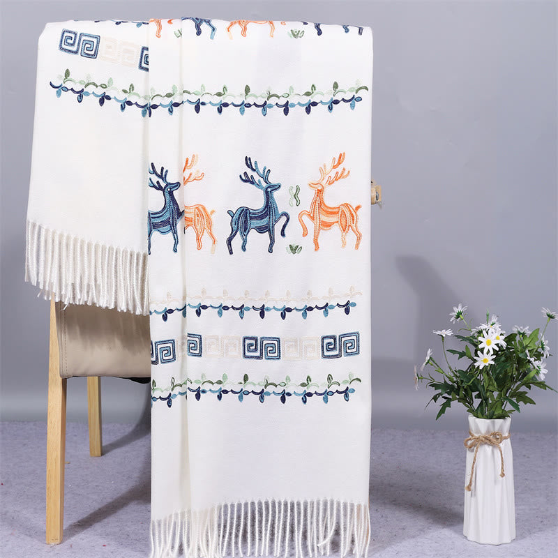 Rayon Fabric Shawl Sika Deer Embroidery Tassel Winter Cozy Travel Scarf Wrap