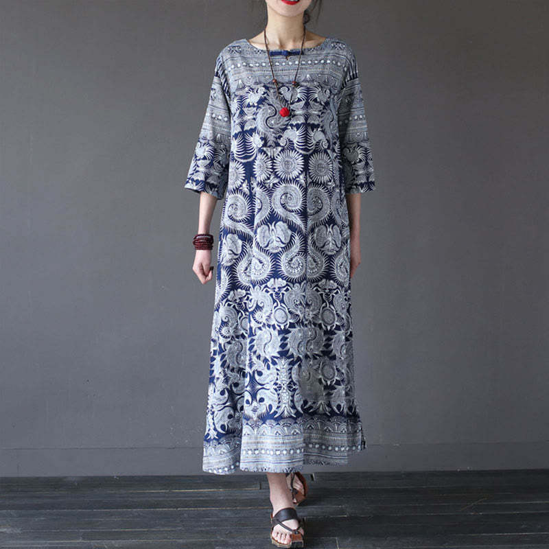 Blue White Flower Printed Button Midi Dress Three Quarter Sleeve Cotton Linen Dress With Pockets