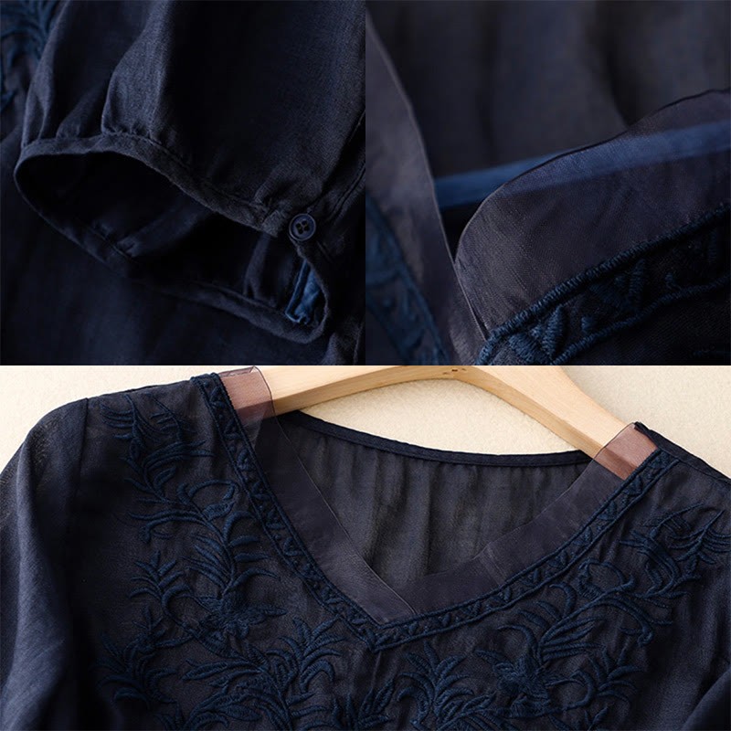 Vintage Casual Pure Leaf Embroidery V-Neck Half Sleeve Cotton Linen Women's T-Shirt