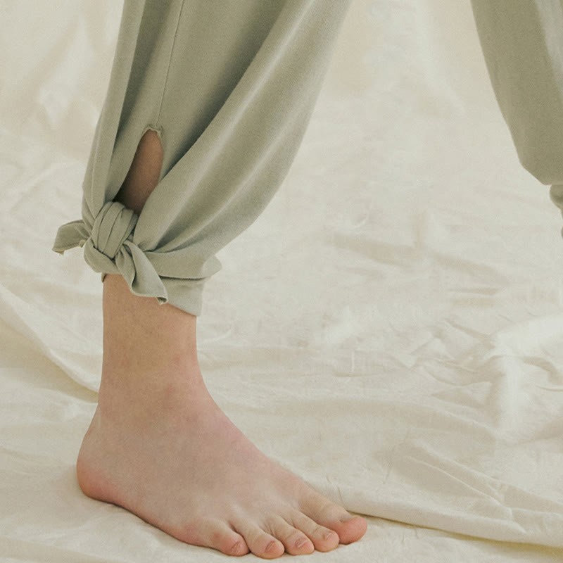 Casual Loose Tie-down Hem Plain High Waist Women's Leica Pants With Pockets