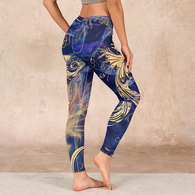 Blue Koi Fish Auspicious Clouds Print Gym Leggings Women's Yoga Pants
