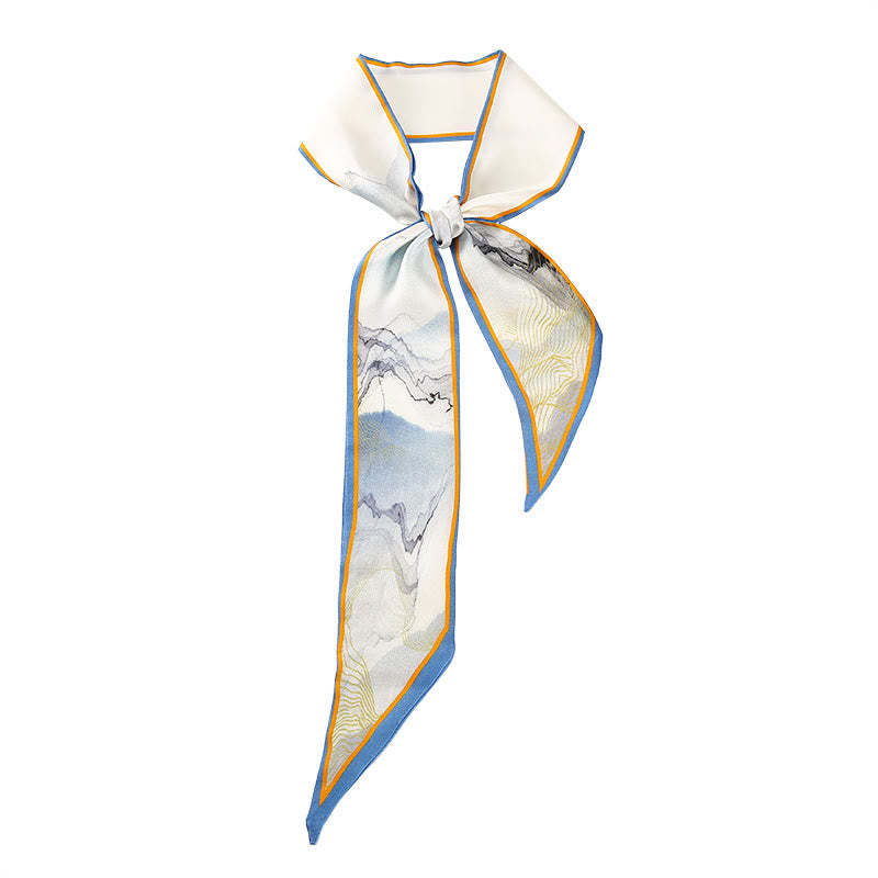 Dunhuang Frescoes Mountains Sunset Floral Pattern 100% Mulberry Twilly Silk Neck Hair Scarf
