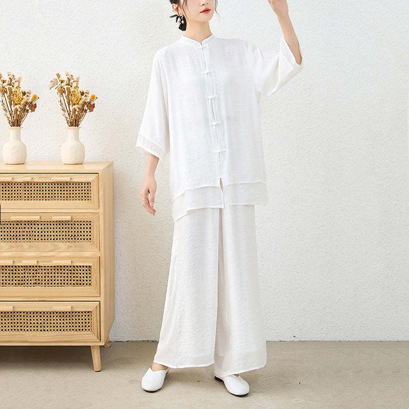 2Pcs Simple Chinese Frog Button Design Top Pants Meditation Yoga Zen Tai Chi Cotton Clothing Women's Set