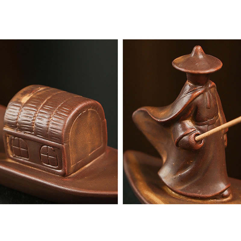 Fisherman Fishing Boat Bamboo mystic zen Hand Lotus Spiritual Healing Ceramic Stick Incense Burner Decoration