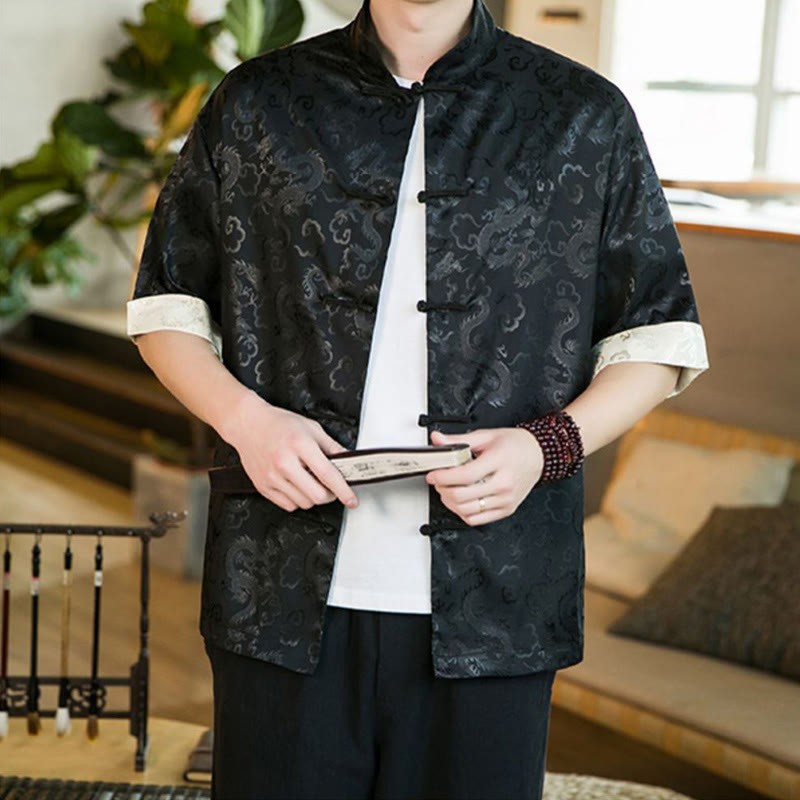 Chinese Tang Suit Frog-button Dragon Print Men's Half Sleeve Shirts