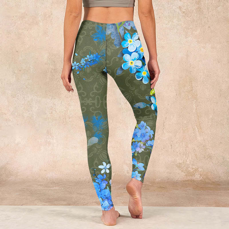 Blue Flowers Butterflies Print Gym Leggings Women's Yoga Pants
