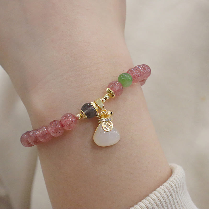 Natural Strawberry Quartz Jade Peace Buckle Coin Purse Healing Bracelet