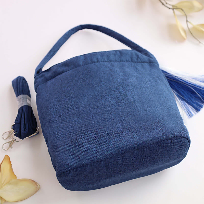 Embroidery Wisteria Plum Lotus Cherry Blossom Cotton Linen Canvas Tote Crossbody Bag Shoulder Bag Handbag