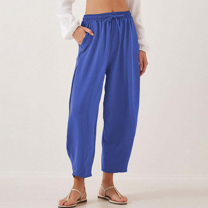 Casual Plain Loose Drawstring Women's Polyester 7/8 Length Pants  With Pockets