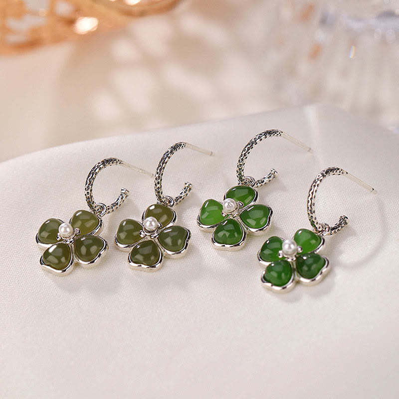925 Sterling Silver Natural Cyan Jade Four Leaf Clover Luck Success Earrings
