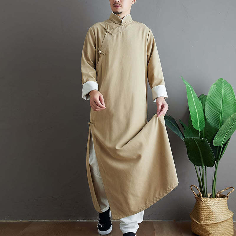 Fall Solid Color Chinese Frog-Button Cotton Men's Tang Suit Robe