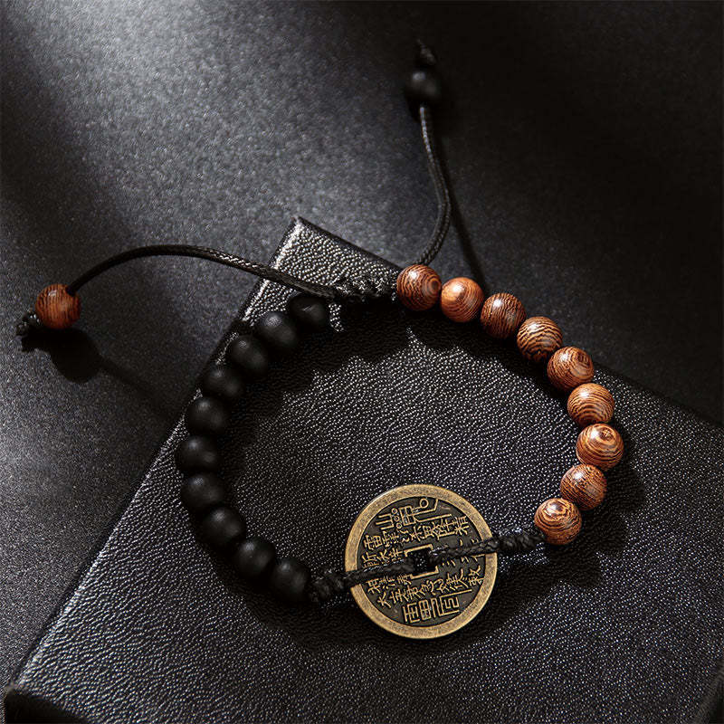 Ebony Wood Wenge Wood Mountain Ghosts Spend Money Bagua Copper Coin Peace Bracelet