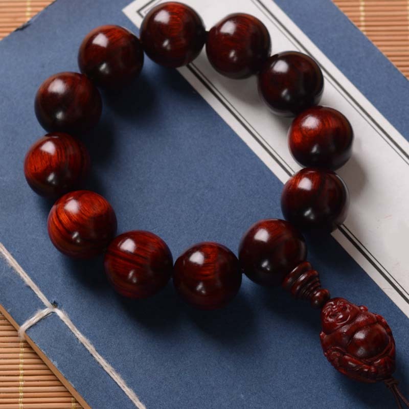 Small Leaf Red Sandalwood Laughing mystic zen God of Wealth Protection Bracelet