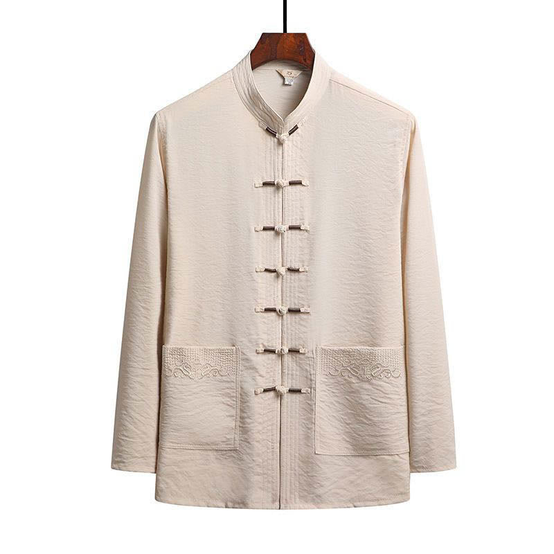2Pcs Plain Tang Suit Men's Frog-Button Long Sleeve Shirt Pants Set