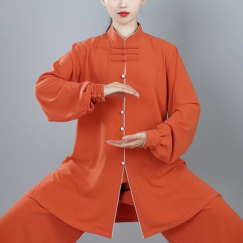 2Pcs Fall Solid Color Frog-Button Tai Chi Meditation Qigong Zen Practice Unisex Cotton Clothing Set