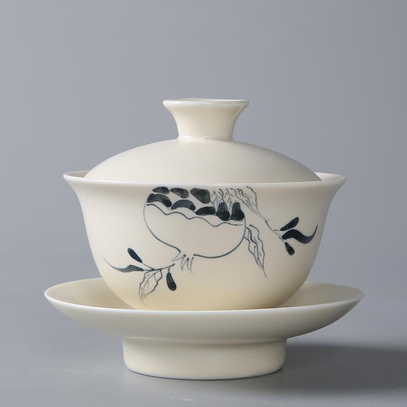 Hand Painted Pomegranate Hibiscus Pine Lotus Ceramic Gaiwan Sancai Teacup Kung Fu Tea Cup And Saucer With Lid