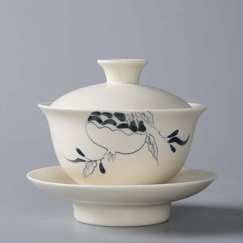 Hand Painted Pomegranate Hibiscus Pine Lotus Ceramic Gaiwan Sancai Teacup Kung Fu Tea Cup And Saucer With Lid