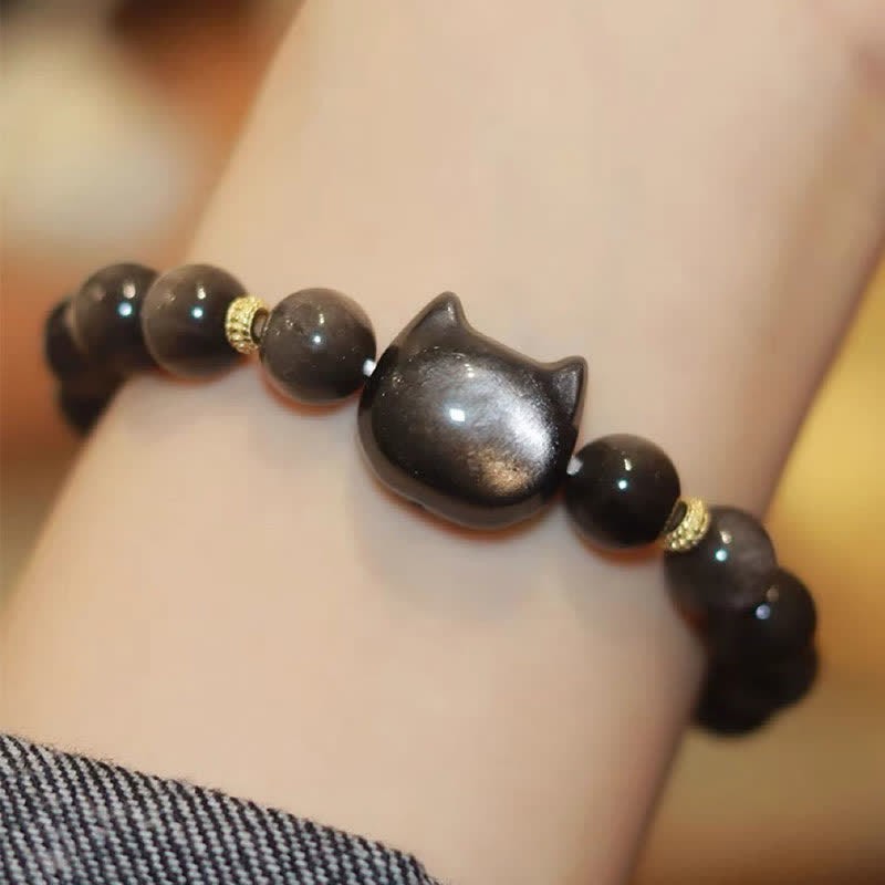 Gold Sheen Obsidian Silver Sheen Obsidian Lovely Paw Lucky Cat Protection Bracelet