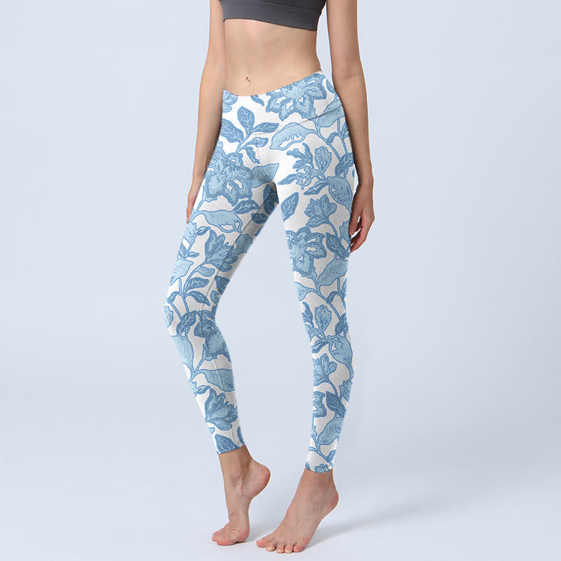 Pale Blue Flowers Leaves Print Sports Fitness Leggings Women's Yoga Pants