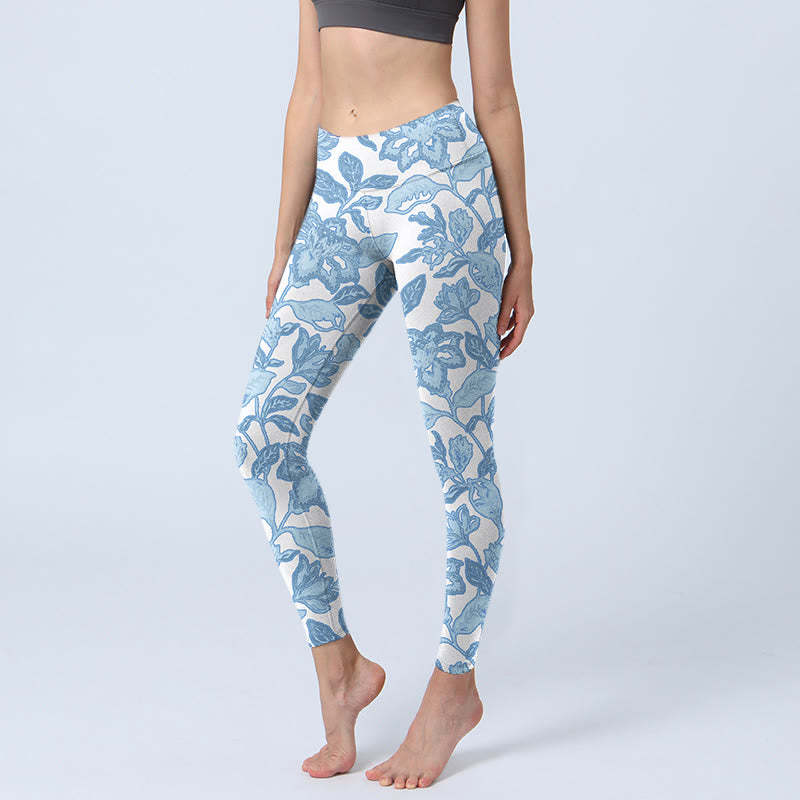 Pale Blue Flowers Leaves Print Sports Fitness Leggings Women's Yoga Pants