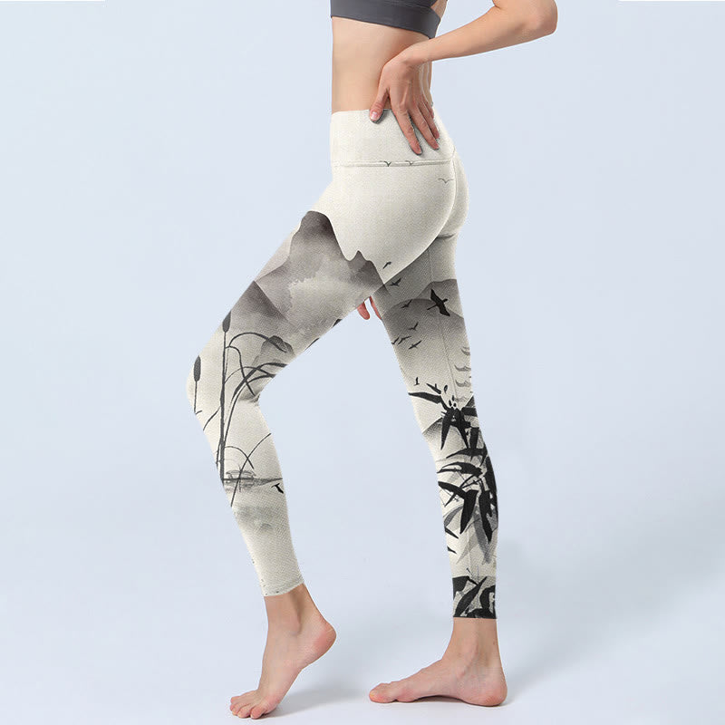 Ink Bamboo Mountains Print Gym Leggings Women's Yoga Pants
