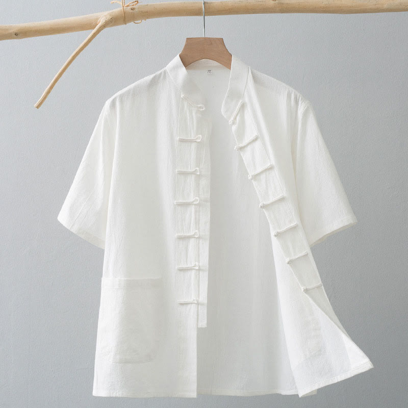 Chinese Frog-Button Tang Suit Men's Short Sleeve Shirt Cotton Linen Clothing With Pockets