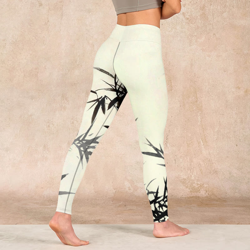 Ink Painting Bamboo Leaves Print Sports Leggings Women's Yoga Pants
