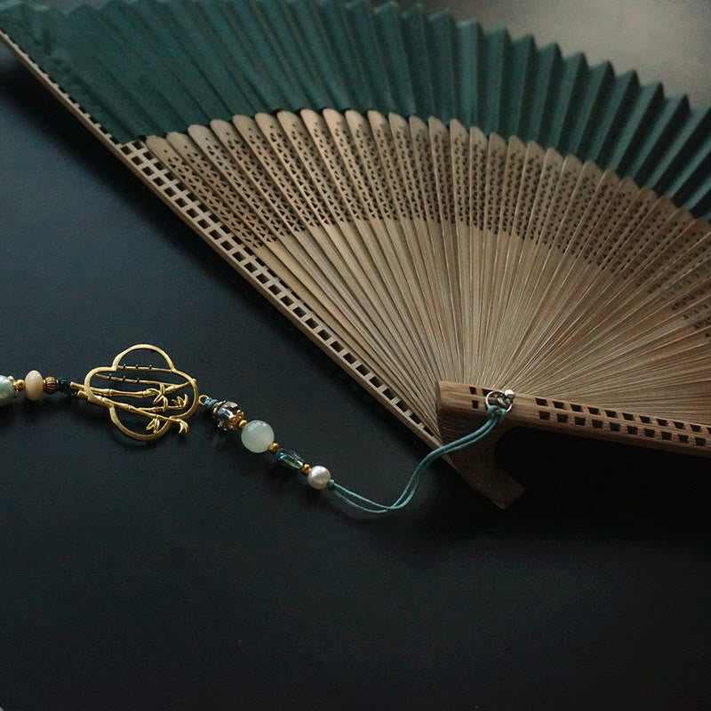 Dark Green Tassel Hollow Rib Silk Handheld Bamboo Folding Fan