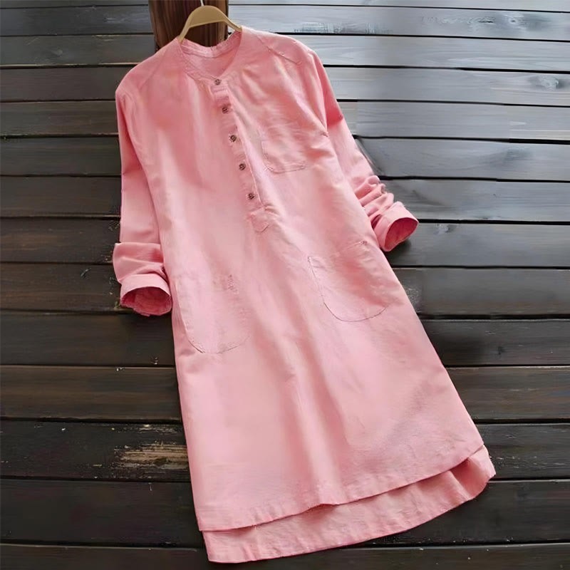 Solid Buttons Long Sleeve Cotton Linen Women's Shirt Dress With Pockets