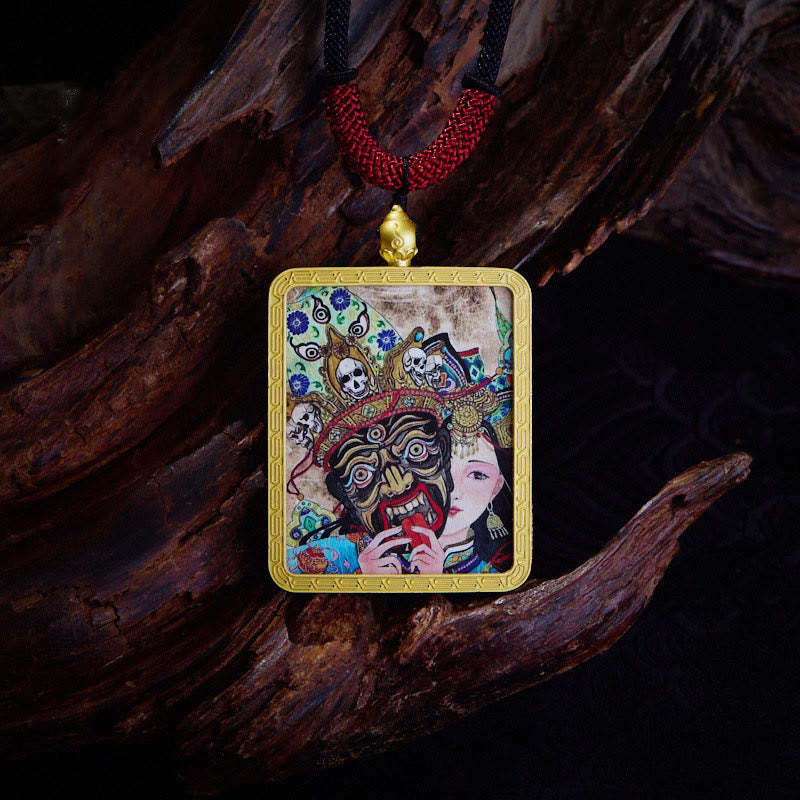 Tibetan Zakiram Nine-Tailed Fox Yellow God of Wealth Painted Thangka Hope Necklace Pendant