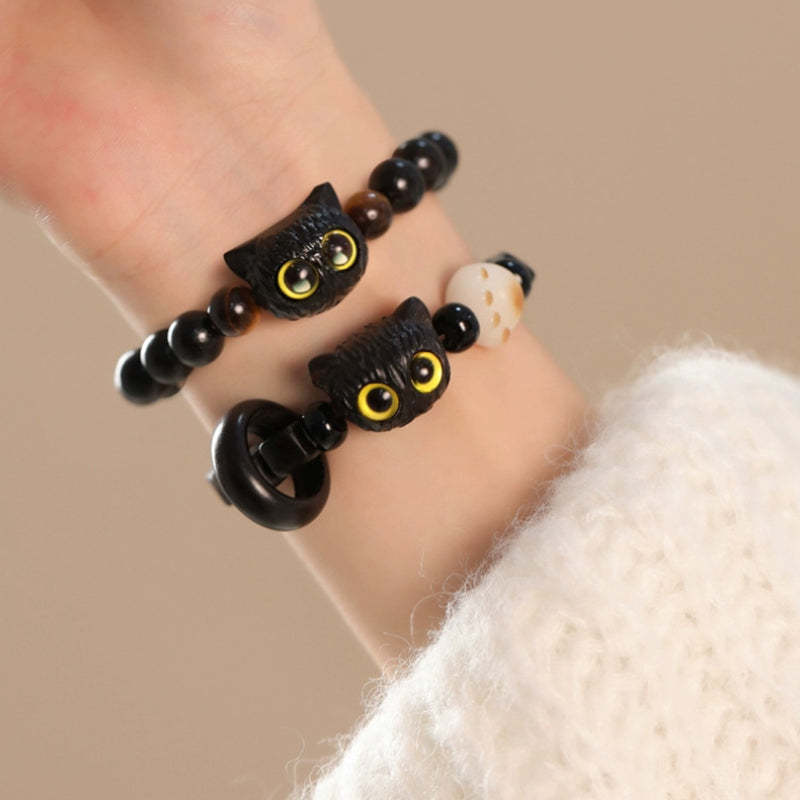 Cute Ebony Wood Cat Head Pattern Peace Bracelet