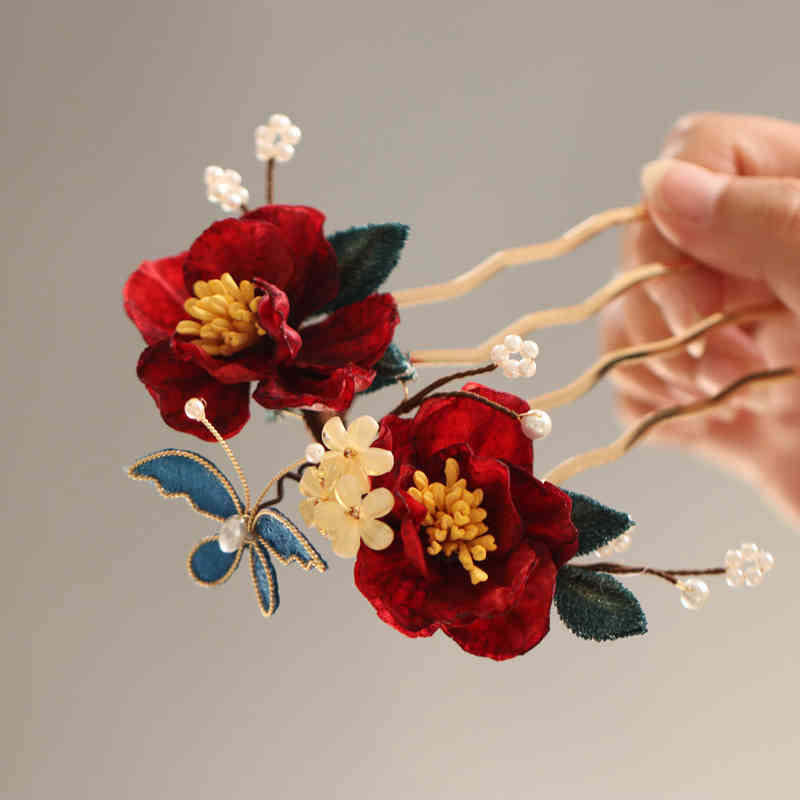 Chinese Style Red Camellia Butterfly Hair Clip Hair Comb Hairpin Barrette Accessory