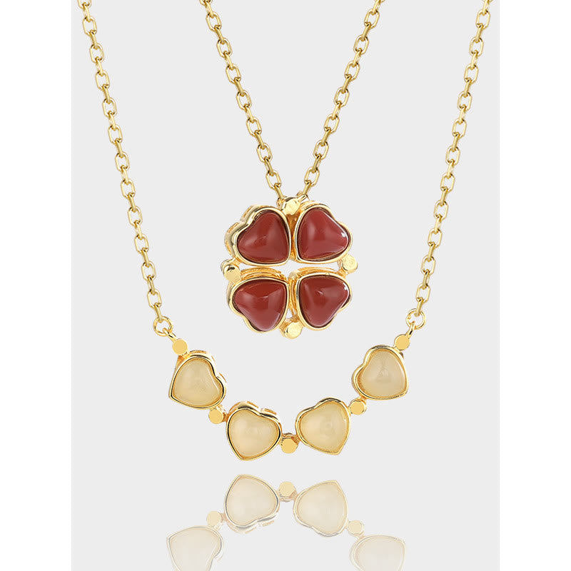 925 Sterling Silver Four Leaf Clover White Jade Red Agate Abundance Necklace Pendant