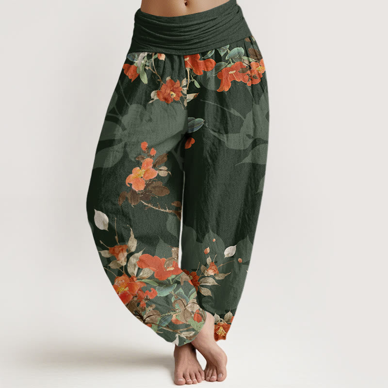 Red Flowers Green Leaves Bird Women's Elastic Waist Harem Pants