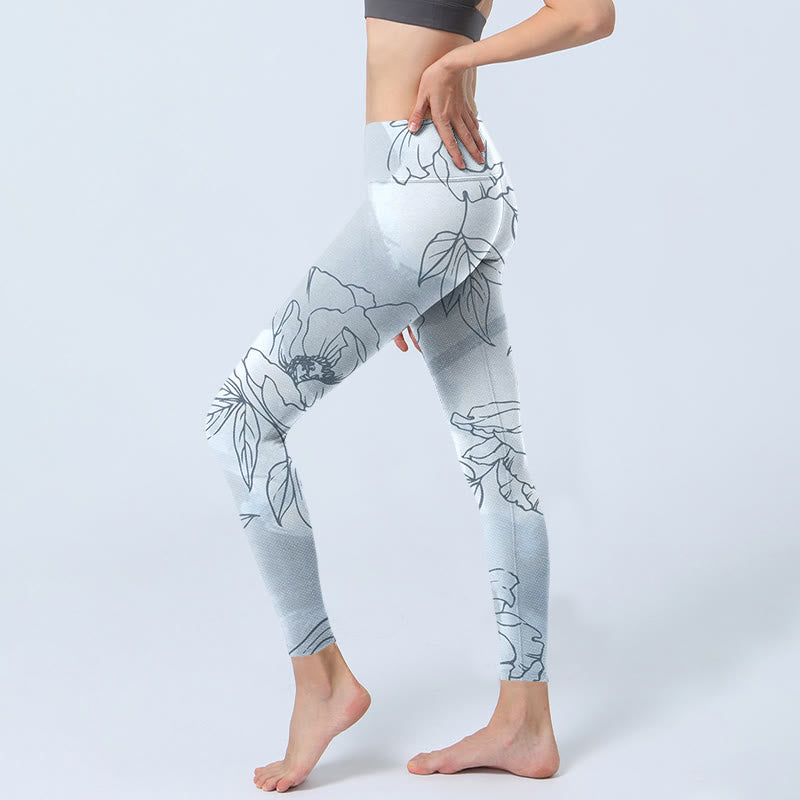 Peony Flower Leaves Print Gym Leggings Women's Yoga Pants